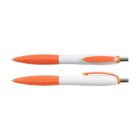 Two ballpoint pens with white barrels, featuring orange rubber grips and clips, are displayed horizontally. One pen is shown from the side, highlighting the clip, while the other shows the top view without the clip.