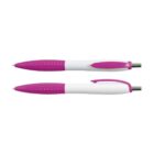 Two identical white and pink ballpoint pens. Each pen features a pink textured grip and a pink clip on the cap. The pens are aligned horizontally, with one showing the top and the other showing the clip side.
