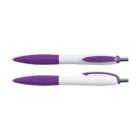 Two ballpoint pens with purple grips and clips and white barrels. One pen is shown from the side with the clip visible, and the other from the top. Both have click mechanisms.