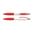 Two red and white retractable ballpoint pens with textured grips and pocket clips. Pens are shown side by side, one facing up and the other facing down, against a white background.