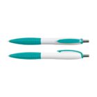 Two ballpoint pens with teal grips and clips on a white background. The pens have a white middle section and silver tips, with one pen shown from the side and the other from the top.