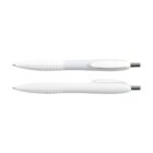 Two white retractable ballpoint pens are shown horizontally on a plain background. The pens have textured grips and metal tips, with clips on their sides.