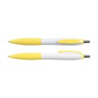 Two ballpoint pens with white barrels and yellow grips are shown. Both pens have yellow clips. One pen is positioned with the clip visible, and the other with the grip side up.