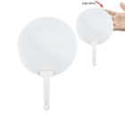 Two white hand fans, one larger and one smaller, with round surfaces and short handles, are displayed against a white background. A hand is partially visible near the top right, holding the smaller fan. An arrow points to the fan labeled Solid White.