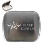 A small silver metal tin with Silver Express text and a geometric logo on the lid. The tin is open in the top corner of the image, revealing small white mints inside.