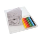 A clear plastic case containing a small coloring book and six colored pencils in yellow, red, green, blue, black, and brown. The coloring book depicts a cartoon character standing outside, near a bridge, tree, and flowers.