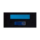 Image of a blue USB flash drive with a silver swivel cover on a black surface. Above it, there is a rectangular blue case, likely for storage or protection.