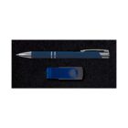 A blue pen with silver accents and a blue USB flash drive with a swivel cover are placed side by side on a black textured surface.