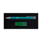 A green pen with silver accents placed horizontally above a green USB flash drive with a swivel cover on a black textured background.