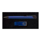 A blue and black pen placed above a matching blue and black USB flash drive on a black background.