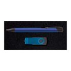 A blue ballpoint pen and a blue USB flash drive with a swivel cover are placed side by side on a black textured surface.