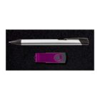 A black and silver pen placed horizontally above a purple USB flash drive on a black background. The USB has a swivel design with a visible circular button.