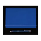 A closed blue notebook with an elastic band lies against a black background. Below the notebook is a blue ballpoint pen with a silver clip and tip.
