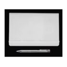 A closed white notebook with an elastic band is centered against a black background. Below it, a silver pen is placed horizontally.