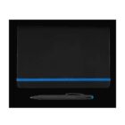 A closed black notebook with a blue elastic closure is placed against a dark background. Below it, there is a black pen with a blue tip.