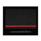 A closed black notebook with a red elastic band is placed above a black pen with a red tip, all set against a solid black background.