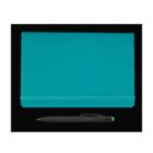 A teal notebook with an elastic band lies closed on a black background. Below it is a black pen with a green tip.