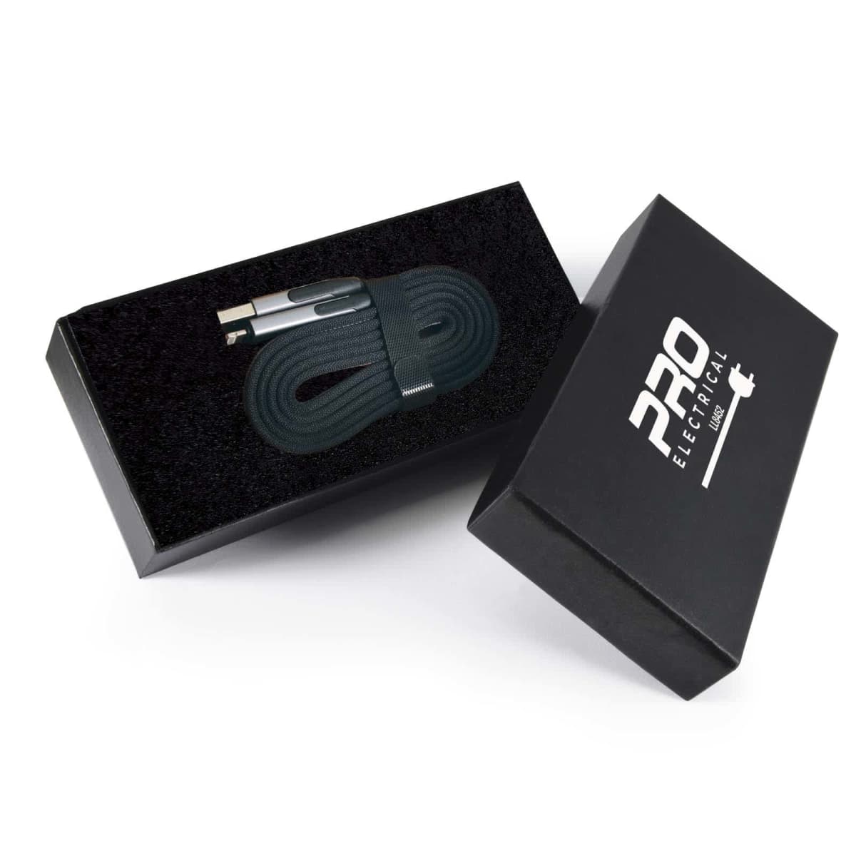 A black box partially open, revealing a coiled black charging cable inside. The box lid, placed beside it, has PRO Electrical printed in white. The cable and box are displayed on a white background.