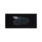 A coiled, black USB cable neatly secured with a Velcro strap rests on a dark surface.