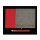 A notebook with a red and gray cover is placed on a black background. It features an elastic closure band and a ribbon bookmark. Below it, there is a red pen with silver accents.