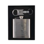 A silver flask with a horse logo and the words Stallion Resources is displayed in a black box. Alongside it is a keychain with a metal bottle opener.