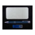 A metallic rectangular case, a blue and silver pen, and a blue USB flash drive are arranged on a black background.