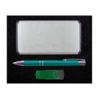 Rectangular metal storage case with rounded corners, a green and silver pen, and a green USB drive with a black grip, all arranged on a black background.