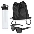 A drawstring black backpack, a clear water bottle with a black cap, and a pair of black sunglasses with dark lenses are arranged on a white background.