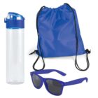 A set of blue-themed items including a transparent water bottle with a blue lid, a blue drawstring bag, and a pair of blue sunglasses with dark lenses.