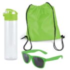 A set of green-themed items including a clear water bottle with a green lid, a small green drawstring backpack, and a pair of green sunglasses with dark lenses.