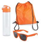 Orange-themed items including a clear water bottle with an orange lid, an orange drawstring backpack, and orange sunglasses with dark lenses are arranged against a white background.