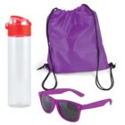 A set of items including a clear water bottle with a red lid, a purple drawstring bag, and purple sunglasses with dark lenses.