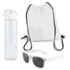 Transparent water bottle with a white lid, white drawstring backpack, and white-framed sunglasses with dark lenses arranged on a plain background.