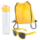 A set of yellow-themed items including a translucent water bottle with a yellow lid, a drawstring backpack, and a pair of sunglasses with yellow frames and dark lenses.