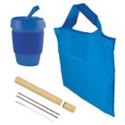 Reusable set including a blue travel mug with lid, collapsible tote bag, metal straws, straw cleaner, and a straw case. All items are placed against a white background.
