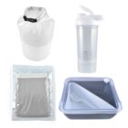 A white waterproof roll-top bag, a clear plastic protein shaker with a white lid, a vacuum-sealed pack with a gray cloth, and a gray square food container with a transparent lid and fork, arranged on a white background.