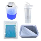 A dry bag with a blue bottom, a transparent shaker bottle with a white flip-top lid, a teal mesh towel in a clear pouch, and a gray lunch box with a transparent lid and included fork.