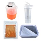 A collection of items: an orange and clear dry bag, a transparent shaker bottle with a white lid, a sealed vacuum storage bag with orange fabric inside, and a gray and white lunch container with a fork.