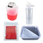 Image showing a red and transparent dry bag, a clear shaker bottle with a white lid, a packaged red towel, and a square gray container with a transparent lid, featuring a fork and spoon inside.