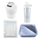 A set of four items: a white roll-top dry bag, a transparent shaker bottle with a screw-on lid, a vacuum-sealed bag containing a folded white mesh item, and a gray square silicone food container with a clear lid and utensils.