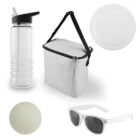 A set of five outdoor items is displayed: a clear water bottle with a black lid, a white insulated lunch bag with a black strap, a white frisbee, a white ball, and a pair of white sunglasses.