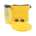 A collection of yellow items including a water bottle, a drawstring bag, sunglasses, a ball, and a flying disc.