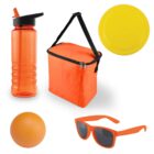 A collection of orange and yellow outdoor items: an orange water bottle with a black lid, an orange insulated lunch bag with black handles, an orange ball, orange sunglasses, and a yellow frisbee.