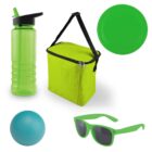 A collection of green and blue summer items including a green water bottle, green insulated lunch bag with black strap, green sunglasses, a blue ball, and a green flying disc.