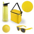 A collection of yellow items: a water bottle with a black lid, an insulated lunch bag with a black strap, a frisbee, a ball, and a pair of sunglasses with dark lenses.