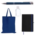 Image of a blue pen, a small clear sanitizer bottle, a blue tote bag, and a black notebook with blue details, arranged on a plain white background.