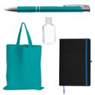 A teal pen, a small bottle of hand sanitizer, a teal tote bag, and a black notebook with a blue elastic band are arranged on a white background.