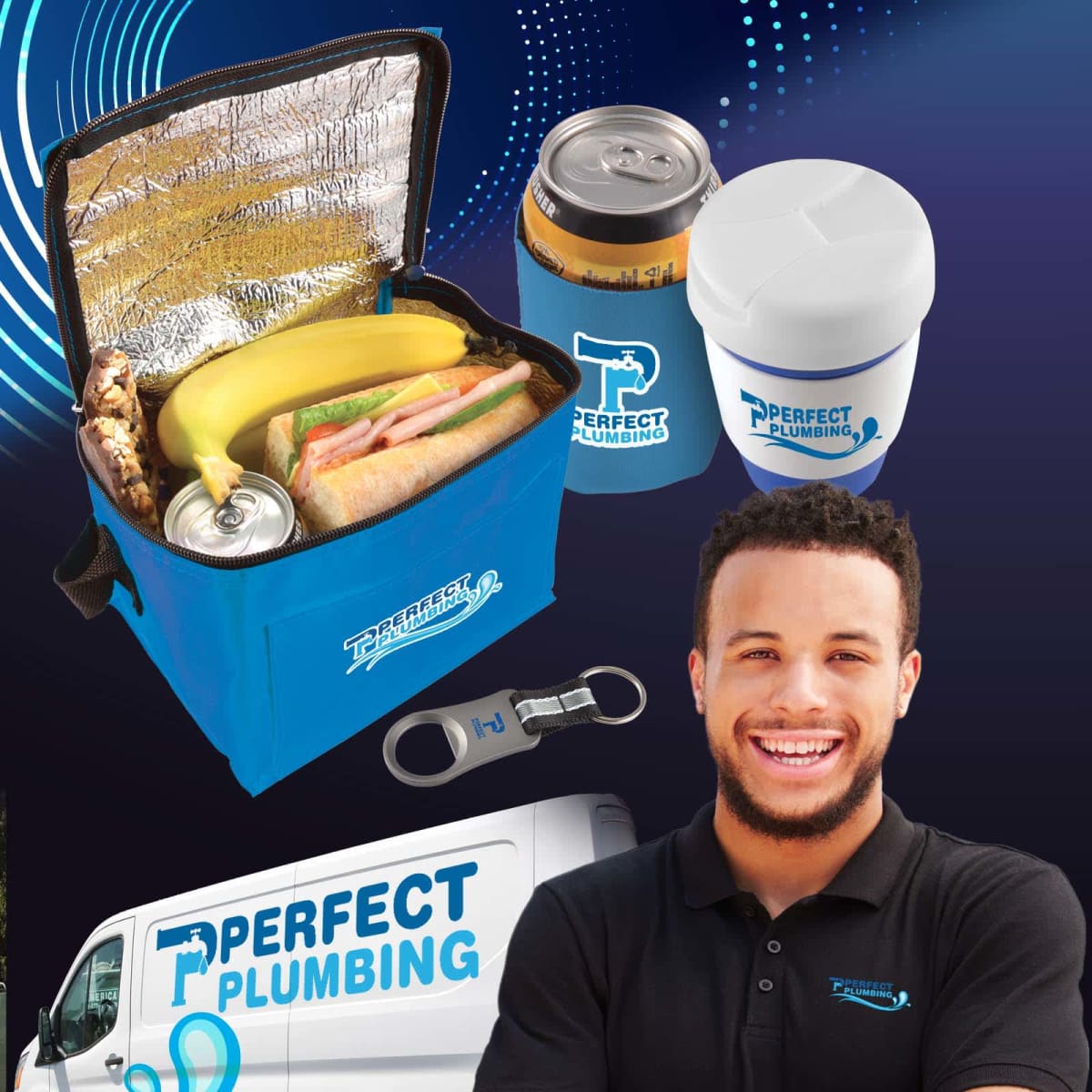 A blue lunch bag containing a sandwich, banana, and drinks is shown. Next to it are a branded mug and keychain. A man smiling stands in front of a van with Perfect Plumbing written on it, set against a blue background.