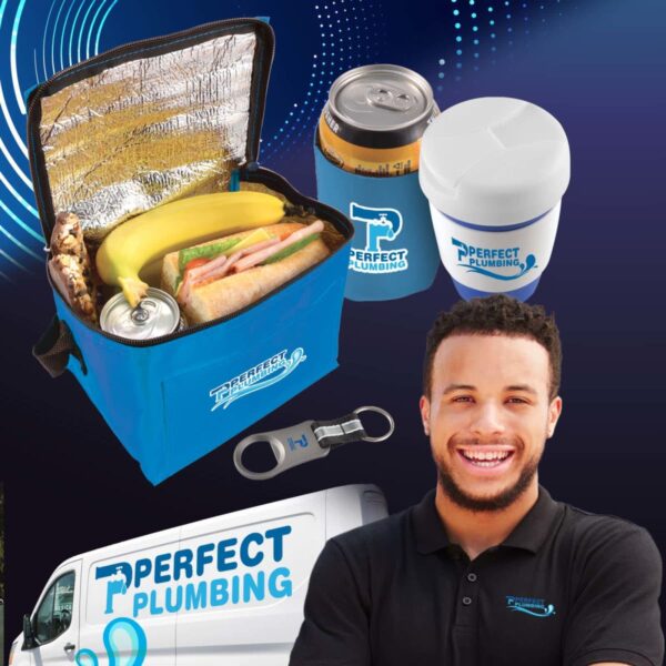 A blue lunch bag filled with a wrapped sandwich, bananas, and cans. Nearby, there is a travel cup, a person smiling, and a keychain. In the background, a van with Perfect Plumbing logo and a dark abstract design.