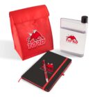 A red lunch bag, transparent flat water bottle, black notebook with red trim, and red pen with a bull logo and text Toro Mortgage Solutions are displayed.
